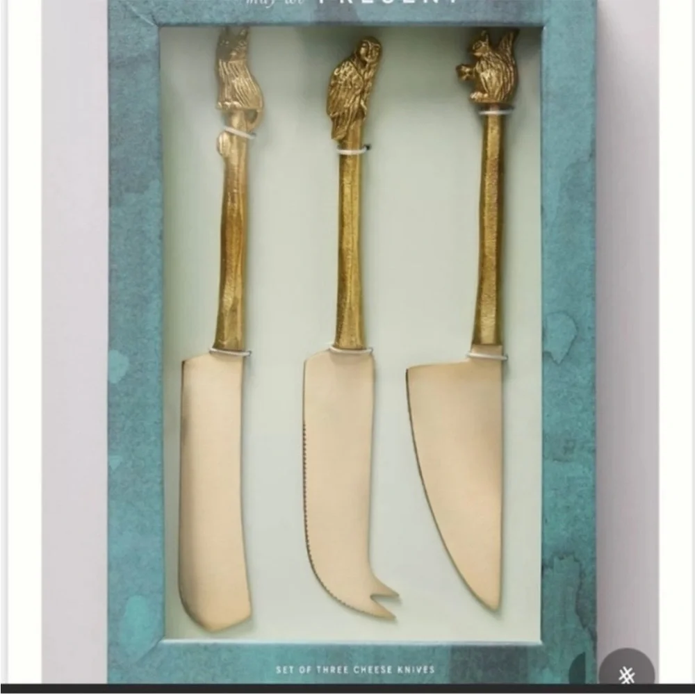 Anthropologie Lovis Woodland Brass Cheese Knives Serving Set Owl Fox Squirrel
